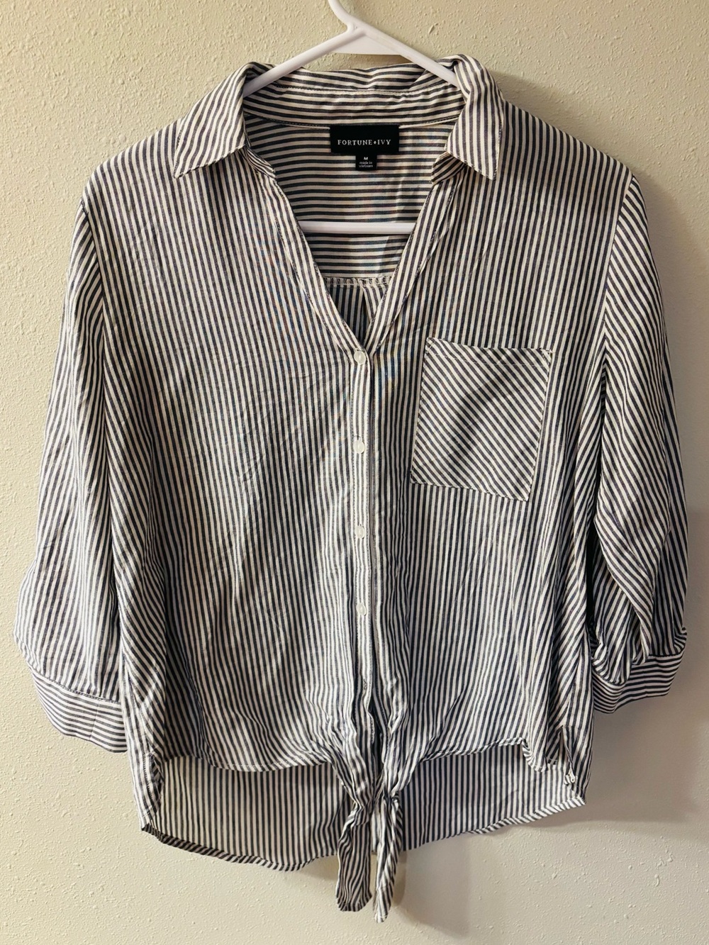 Fortune + Ivy Black and White Striped Button-Down Tie-Front Shirt